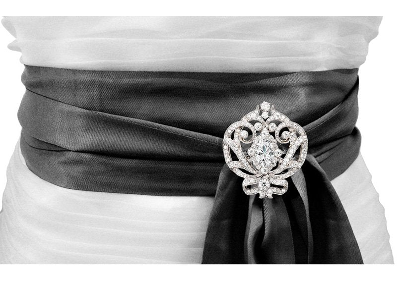 Silver Ornate Regal Brooch with Clear Center Stone by Bling