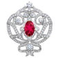 Silver Ornate Regal Brooch with Ruby Red Center Stone and 18 KGP Prongs by Bling