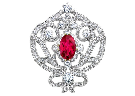 Silver Ornate Regal Brooch with Ruby Red Center Stone and 18 KGP Prongs by Bling