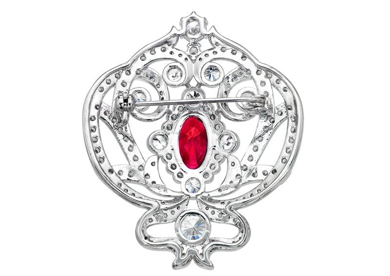 Silver Ornate Regal Brooch with Ruby Red Center Stone and 18 KGP Prongs by Bling