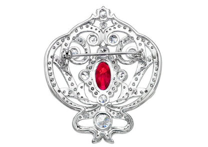 Silver Ornate Regal Brooch with Ruby Red Center Stone and 18 KGP Prongs by Bling