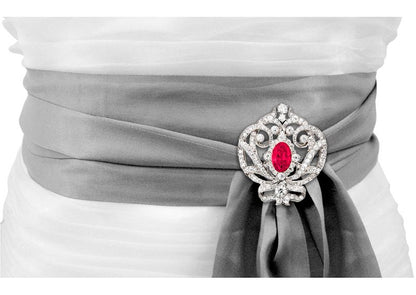 Silver Ornate Regal Brooch with Ruby Red Center Stone and 18 KGP Prongs by Bling