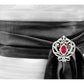 Silver Ornate Regal Brooch with Ruby Red Center Stone and 18 KGP Prongs by Bling