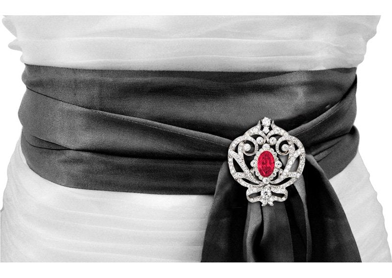 Silver Ornate Regal Brooch with Ruby Red Center Stone and 18 KGP Prongs by Bling