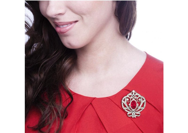Silver Ornate Regal Brooch with Ruby Red Center Stone and 18 KGP Prongs by Bling