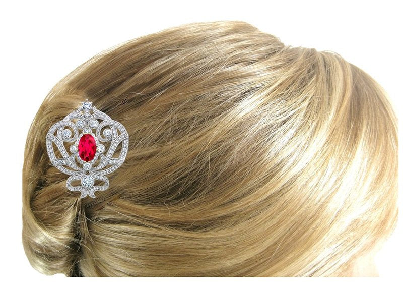 Silver Ornate Regal Brooch with Ruby Red Center Stone and 18 KGP Prongs by Bling