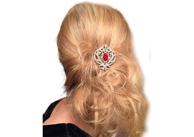 Silver Ornate Regal Brooch with Ruby Red Center Stone and 18 KGP Prongs by Bling