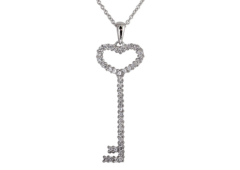 Sterling Silver Thin Pavé Heart Key Necklace by Bling