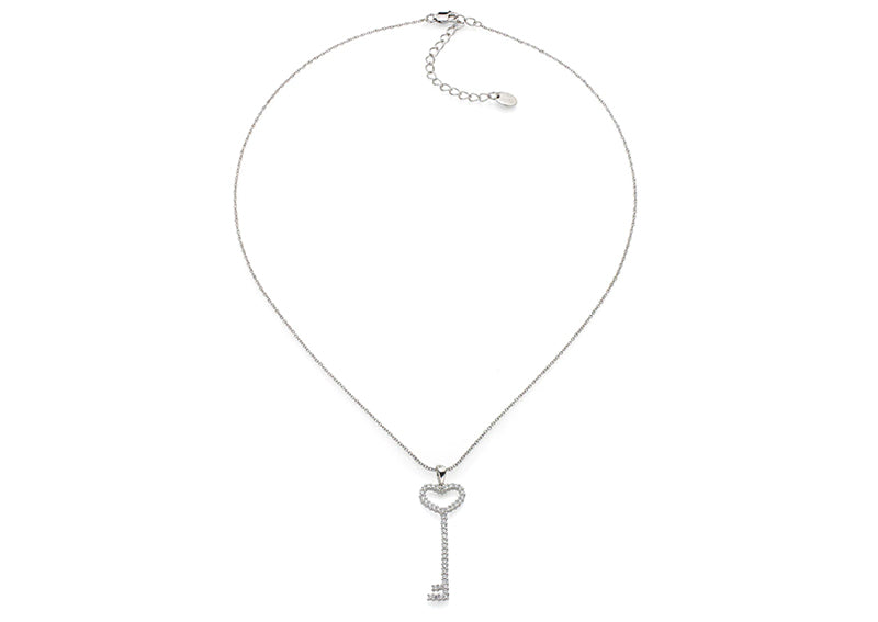 Sterling Silver Thin Pavé Heart Key Necklace by Bling