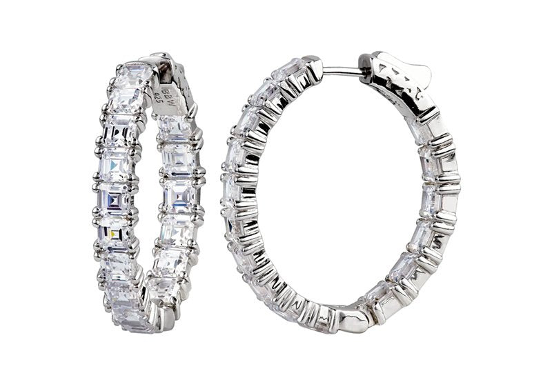 Sterling Silver 1.25" Asscher Cut Oval Couture Hoops by Bling