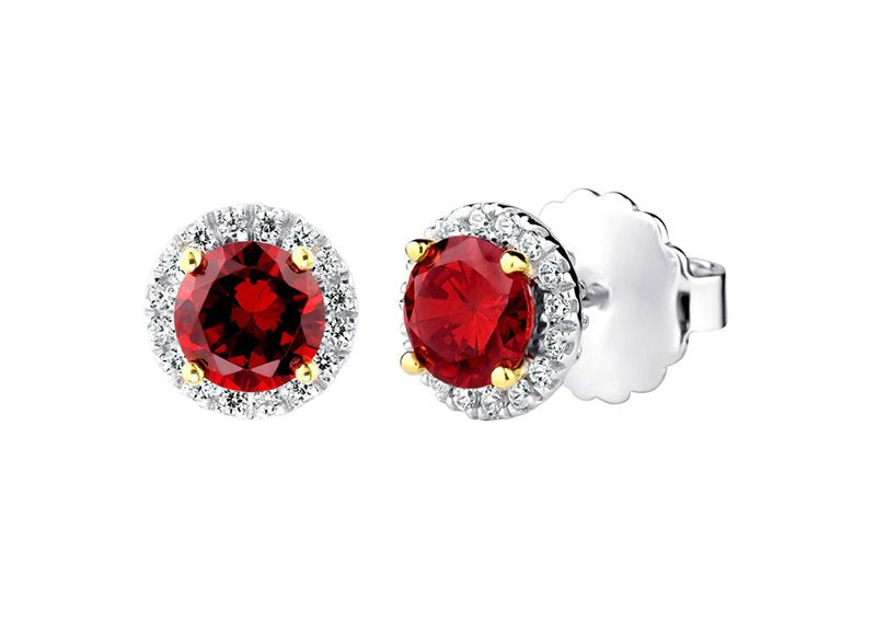Sterling Silver 1 Carat Garnet-Hued Round Solana Studs with Halo and 18 KGP Prongs by Bling