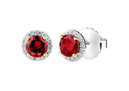Sterling Silver 1 Carat Garnet-Hued Round Solana Studs with Halo and 18 KGP Prongs by Bling