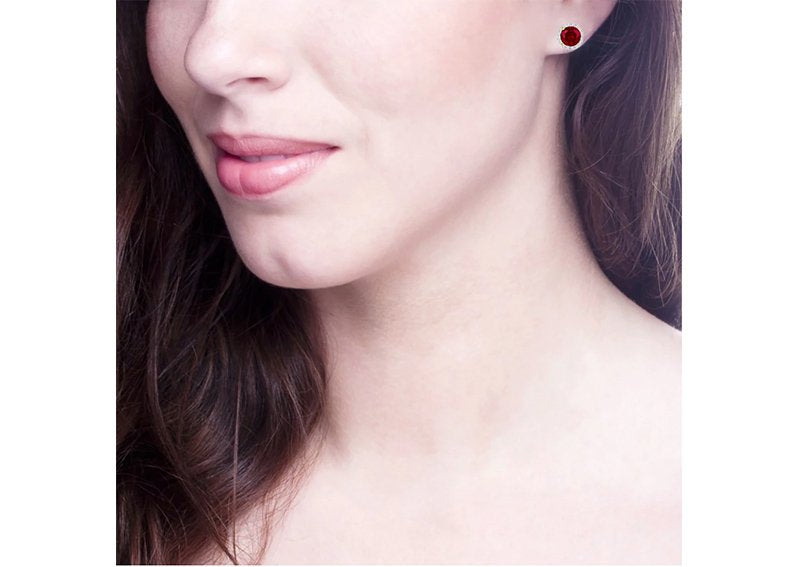 Sterling Silver 1 Carat Garnet-Hued Round Solana Studs with Halo and 18 KGP Prongs by Bling