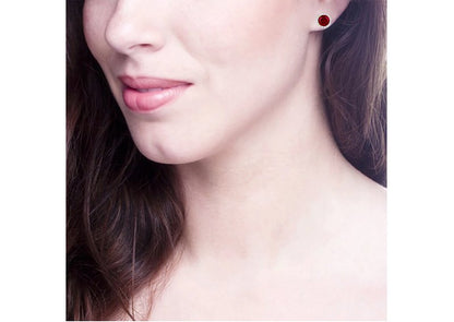 Sterling Silver 1 Carat Garnet-Hued Round Solana Studs with Halo and 18 KGP Prongs by Bling