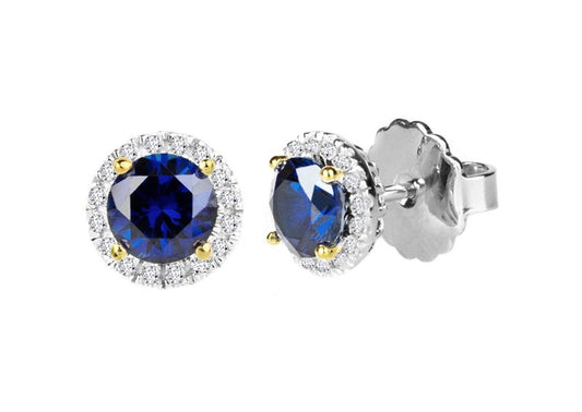 Sterling Silver 1 Carat Lab Created Sapphire Round Solana Studs with Halo and 18 KGP Prongs by Bling