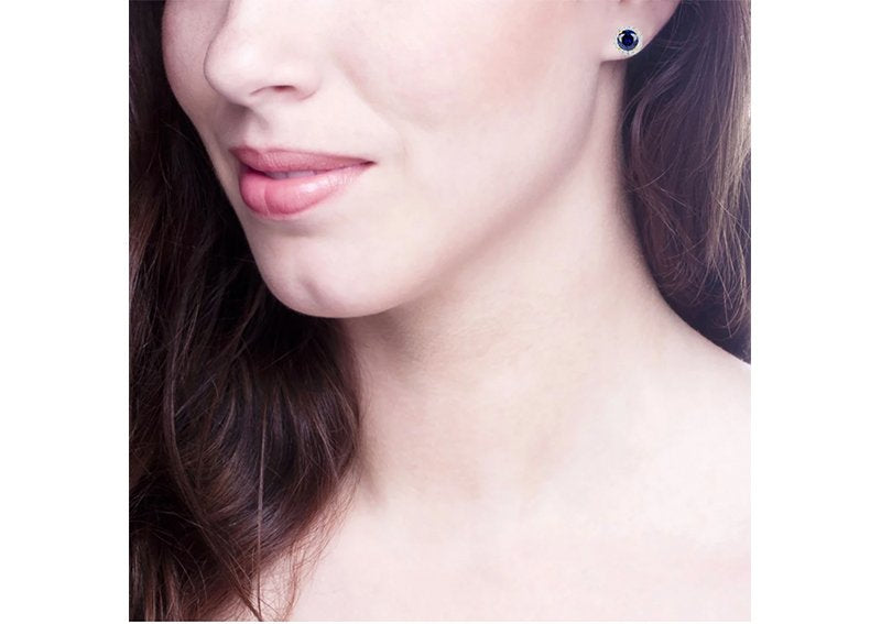 Sterling Silver 1 Carat Lab Created Sapphire Round Solana Studs with Halo and 18 KGP Prongs by Bling