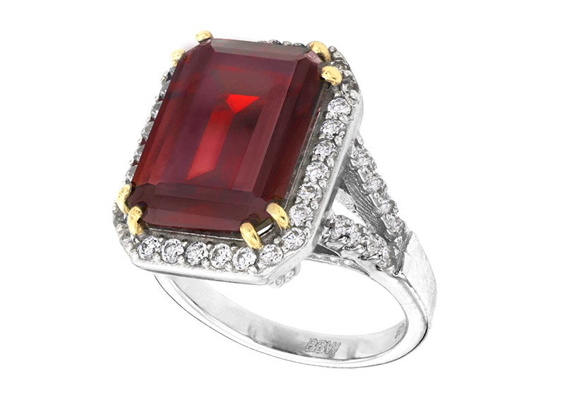 Sterling Silver 8 Carat Deep Crimson Emerald Cut Ring with 18 KGP Prongs by Bling