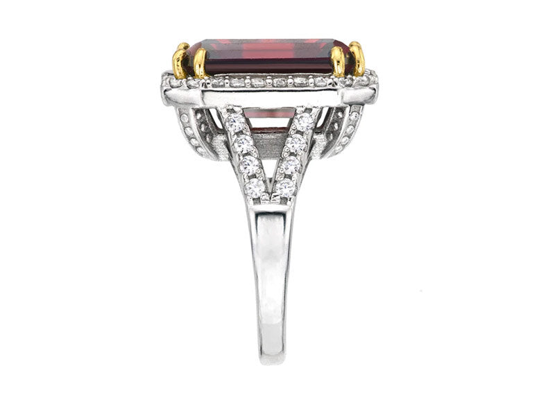 Sterling Silver 8 Carat Deep Crimson Emerald Cut Ring with 18 KGP Prongs by Bling