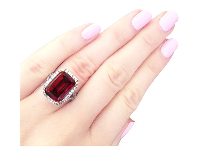 Sterling Silver 8 Carat Deep Crimson Emerald Cut Ring with 18 KGP Prongs by Bling