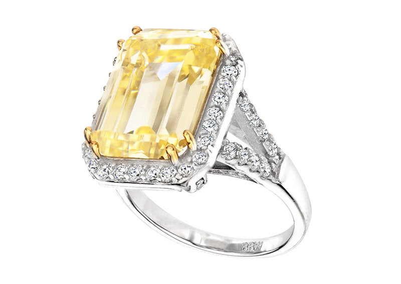 Sterling Silver 8 Carat Fancy Light Yellow Emerald Cut Ring with 18 KGP Prongs by Bling