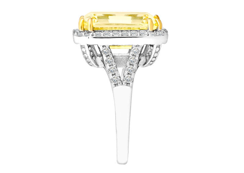 Sterling Silver 8 Carat Fancy Light Yellow Emerald Cut Ring with 18 KGP Prongs by Bling