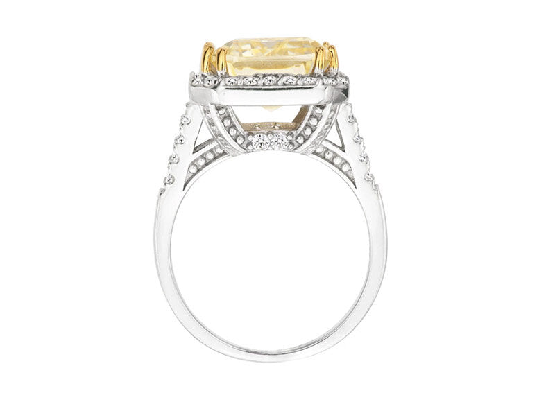 Sterling Silver 8 Carat Fancy Light Yellow Emerald Cut Ring with 18 KGP Prongs by Bling