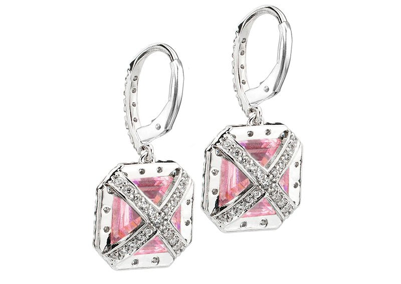 Sterling Silver Fancy Light Pink Asscher Cut Drops with 18 KGP Prongs and Stone Detailing on Back by Bling
