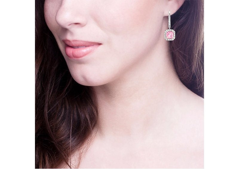 Sterling Silver Fancy Light Pink Asscher Cut Drops with 18 KGP Prongs and Stone Detailing on Back by Bling