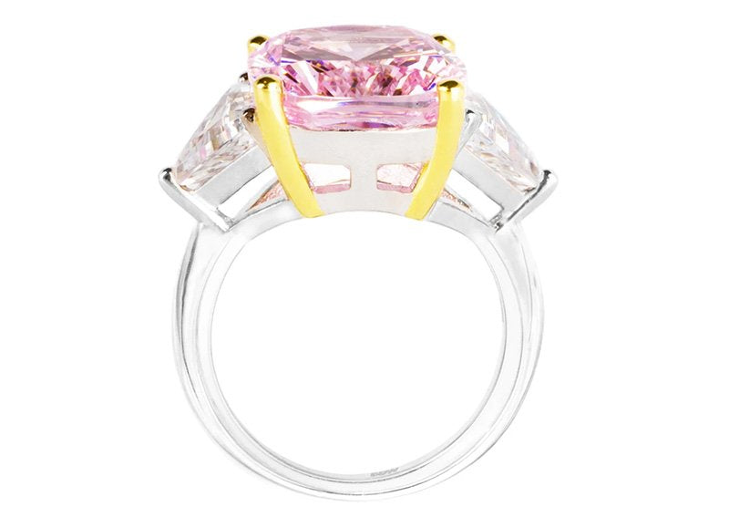 Sterling Silver Fancy Light Pink Radiant Cushion and Clear Trillion Ring with 18 KGP Prongs by Bling