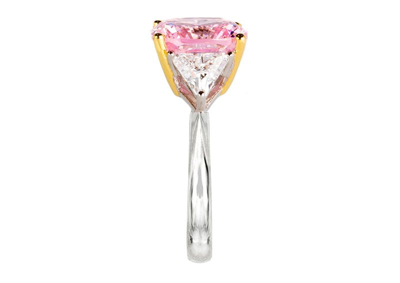 Sterling Silver Fancy Light Pink Radiant Cushion and Clear Trillion Ring with 18 KGP Prongs by Bling