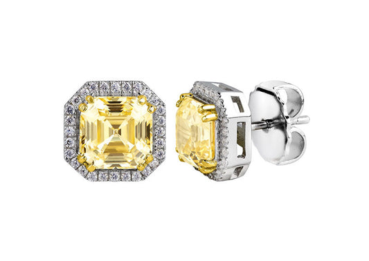 Sterling Silver Fancy Light Yellow 3 Carat Asscher Cut Studs with Halo and 18 KGP Prongs  by Bling