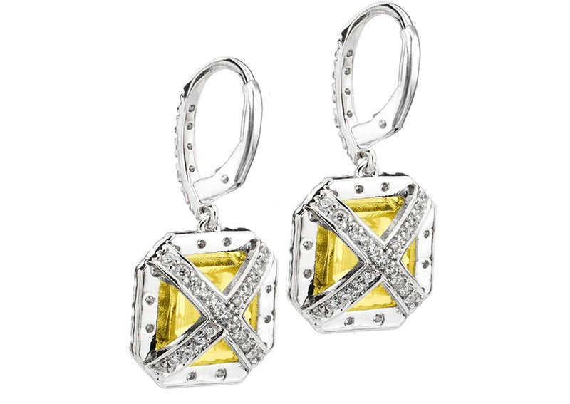 Sterling Silver Fancy Light Yellow Asscher Cut Drops with 18 KGP Prongs and Stone Detailing on Back by Bling