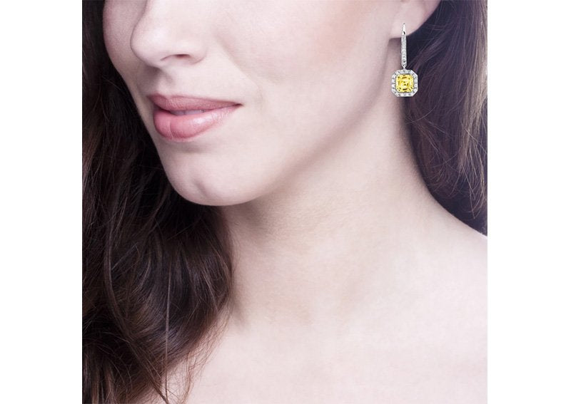 Sterling Silver Fancy Light Yellow Asscher Cut Drops with 18 KGP Prongs and Stone Detailing on Back by Bling