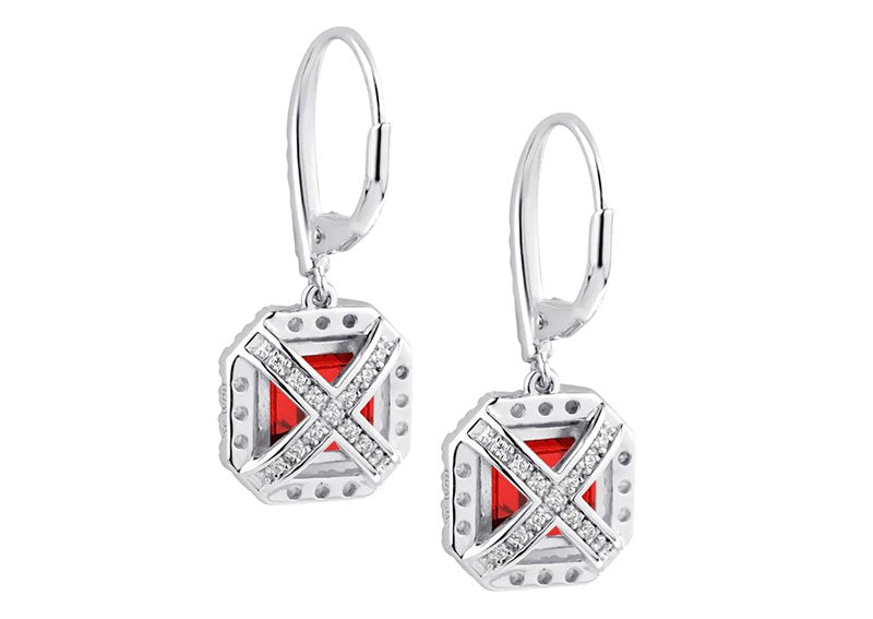Sterling Silver Garnet Hued Asscher Cut Drops with 18 KGP Prongs & Stone Detailing on Back by Bling