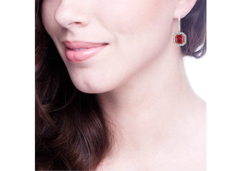 Sterling Silver Garnet Hued Asscher Cut Drops with 18 KGP Prongs & Stone Detailing on Back by Bling