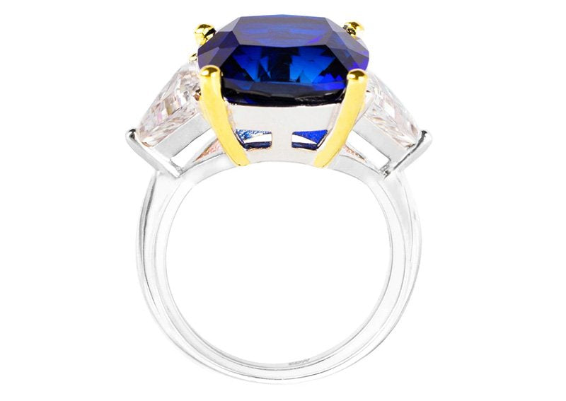 Sterling Silver Lab Created Sapphire Cushion and Clear Trillion Ring with 18 KGP Prongs