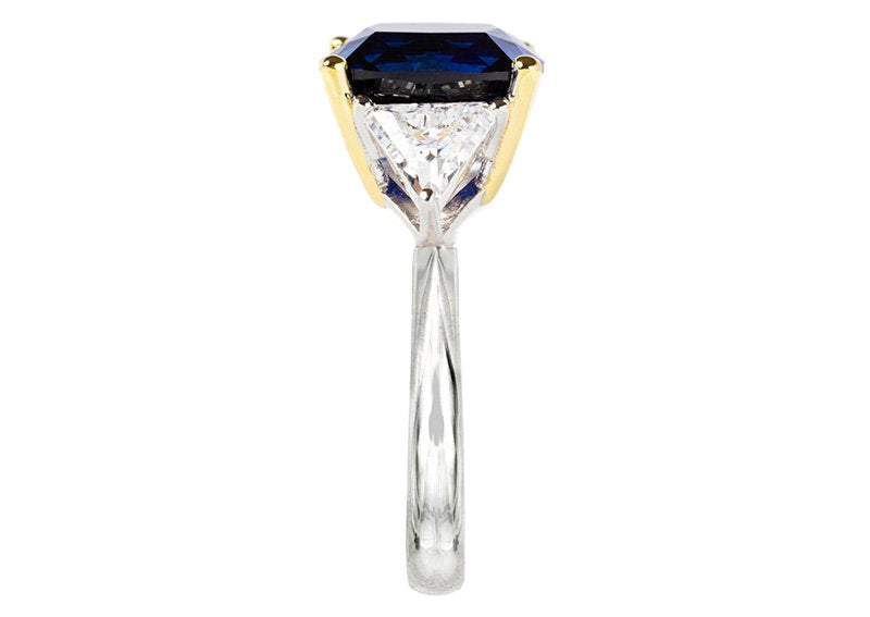 Sterling Silver Lab Created Sapphire Cushion and Clear Trillion Ring with 18 KGP Prongs