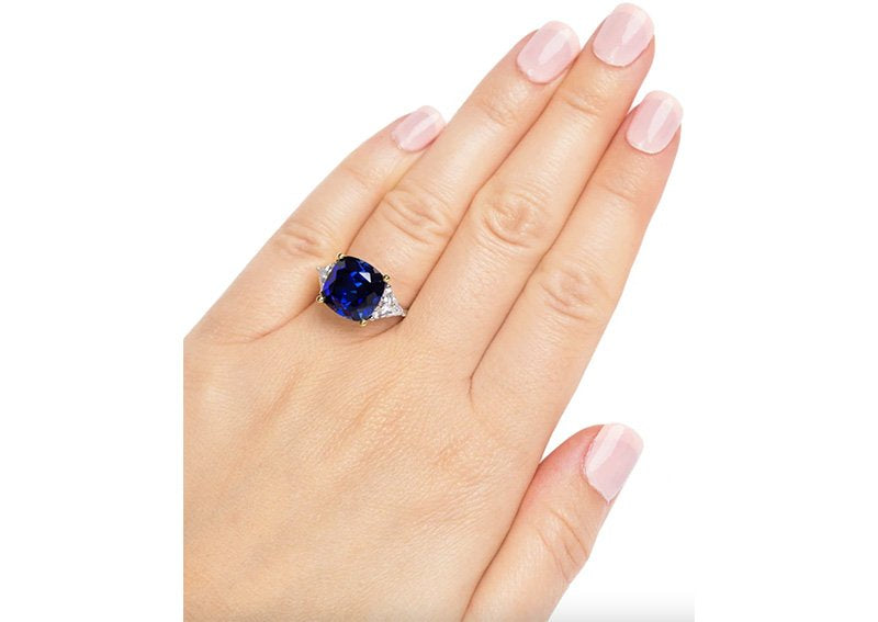 Sterling Silver Lab Created Sapphire Cushion and Clear Trillion Ring with 18 KGP Prongs