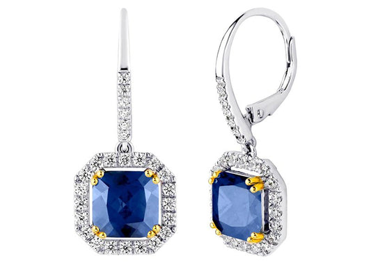 Sterling Silver Lab Created Sapphire Cushion Cut Drops with 18 KGP Prongs & Stone Detailing on Back by Bling