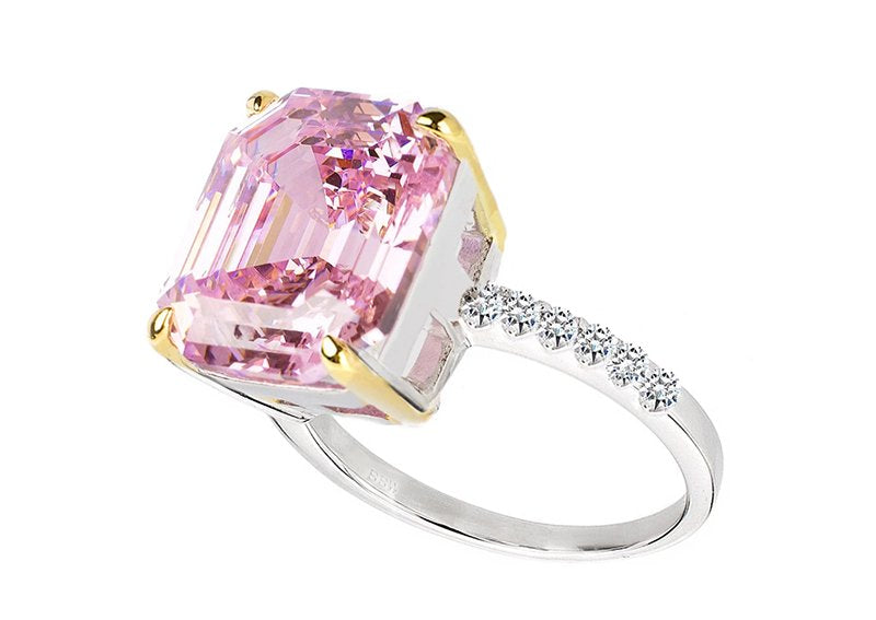 Sterling Silver Pink Asscher/Emerald-Cut Aspen Ring with 18 KGP Prongs-Bling by Wilkening Invented Cut