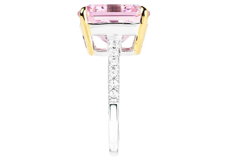 Sterling Silver Pink Asscher/Emerald-Cut Aspen Ring with 18 KGP Prongs-Bling by Wilkening Invented Cut